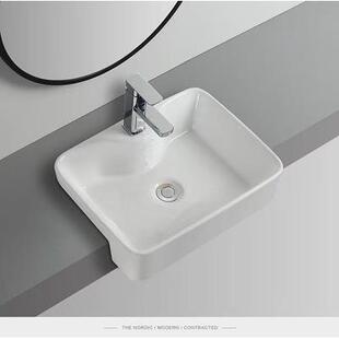 半嵌入式台中盆洗手盆酒店半挂式台盆陶瓷洗脸盆方形嵌入式台上盆