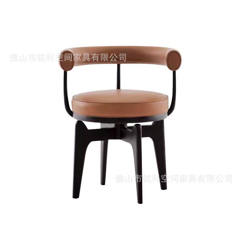 北欧简约客厅餐椅实木单人皮艺旋转扶手椅轻奢接待椅家用扶手椅子