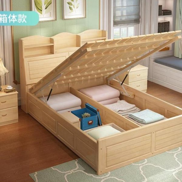 现代中式新西兰松木双人床气压高箱储物床环保新款实木收纳带书架
