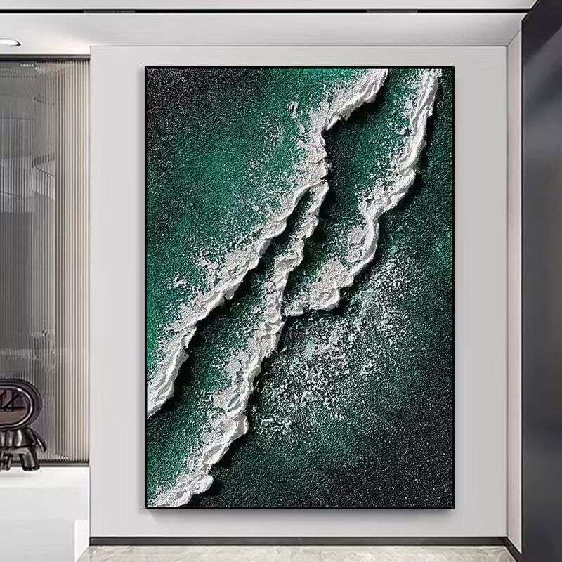 手绘立体油画绿色艺术现代装饰画丙烯石英砂肌理入户玄幻过道挂画图片