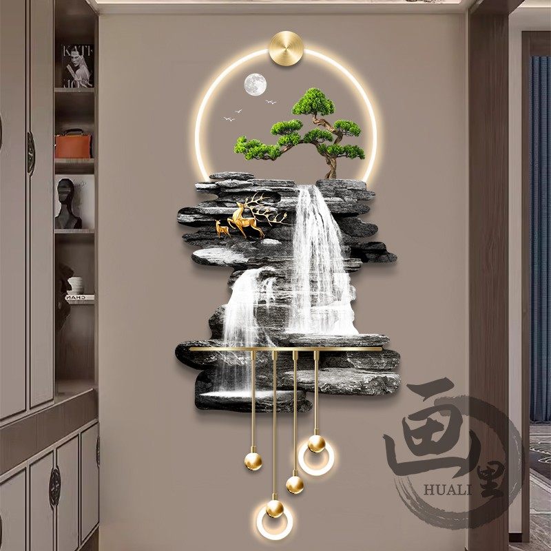 流水生财玄关装饰画高档立体LED发光壁灯迎客松入户走廊过道挂画