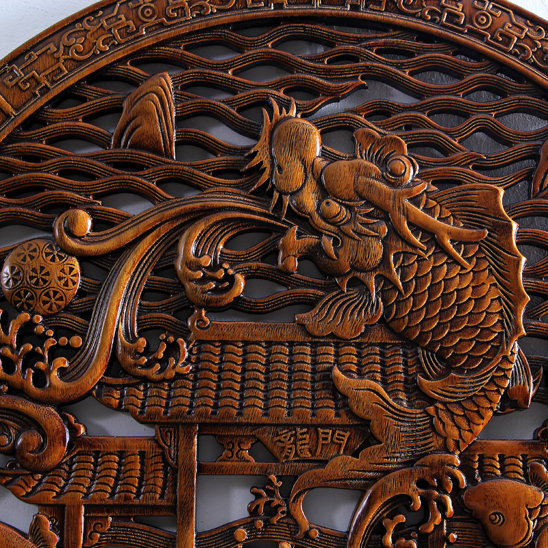 东阳木雕刻画挂件香樟木头工艺品客厅艺术卧室内装饰品鲤鱼跃龙门