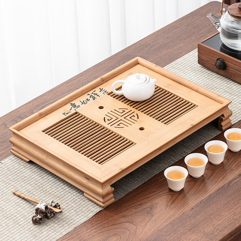 竹制家用小茶盘方形干泡盘竹制迷你储水式托盘茶海台功夫茶具茶道