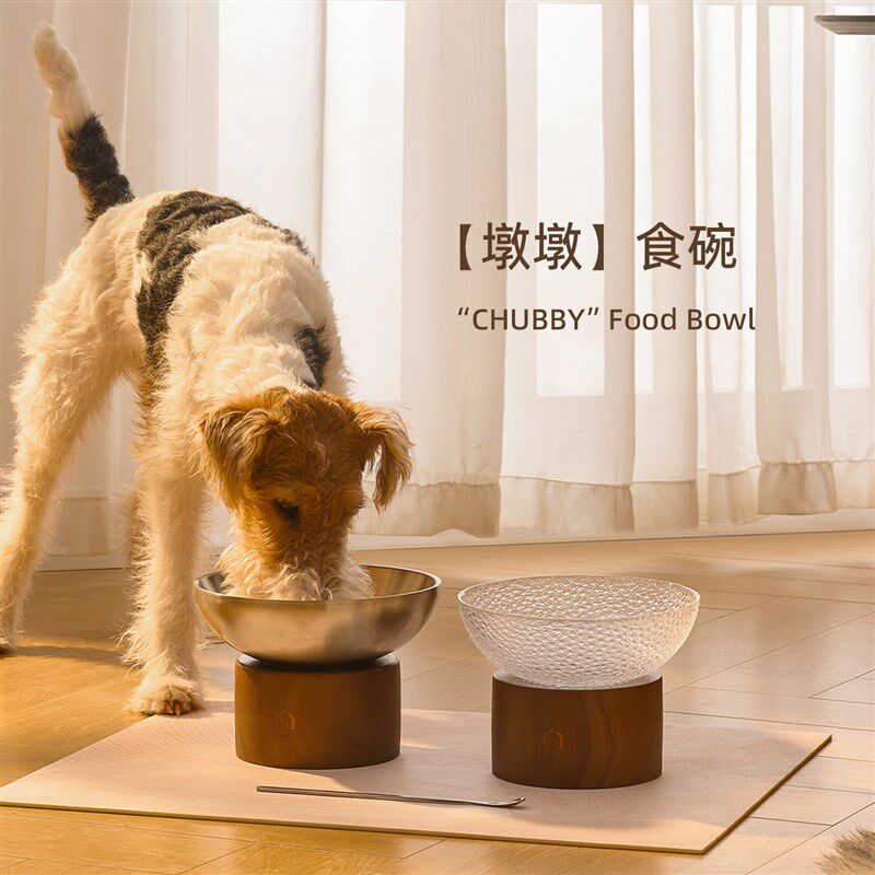 Knotia原创不锈钢碗猫碗玻璃碗狗碗加高护颈实木大口径碗抗菌好洗