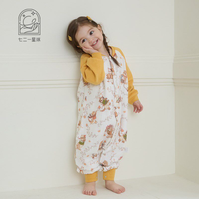 721星球婴幼儿睡袋四层竹棉纱布儿童长袖分腿宝宝防踢被四季通用