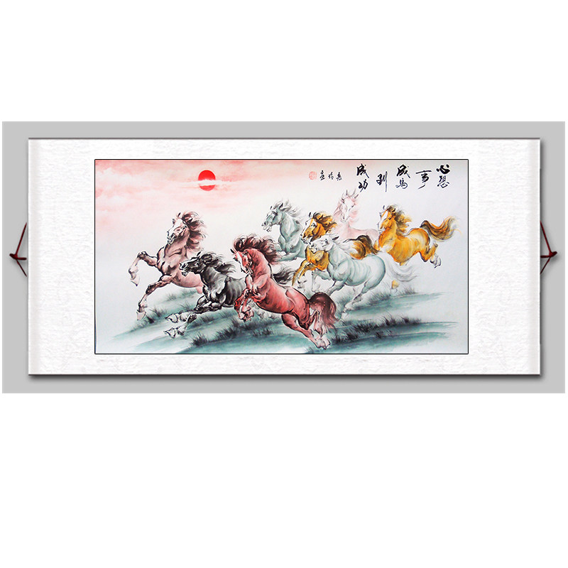 仿古书画名人字画中国画水墨画写意画装裱带框八骏图马到成功装饰