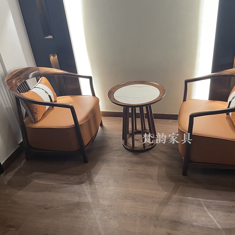 新中式乌金木圆角几实木沙发边几岩板圆形小桌子洽谈小茶几小圆几