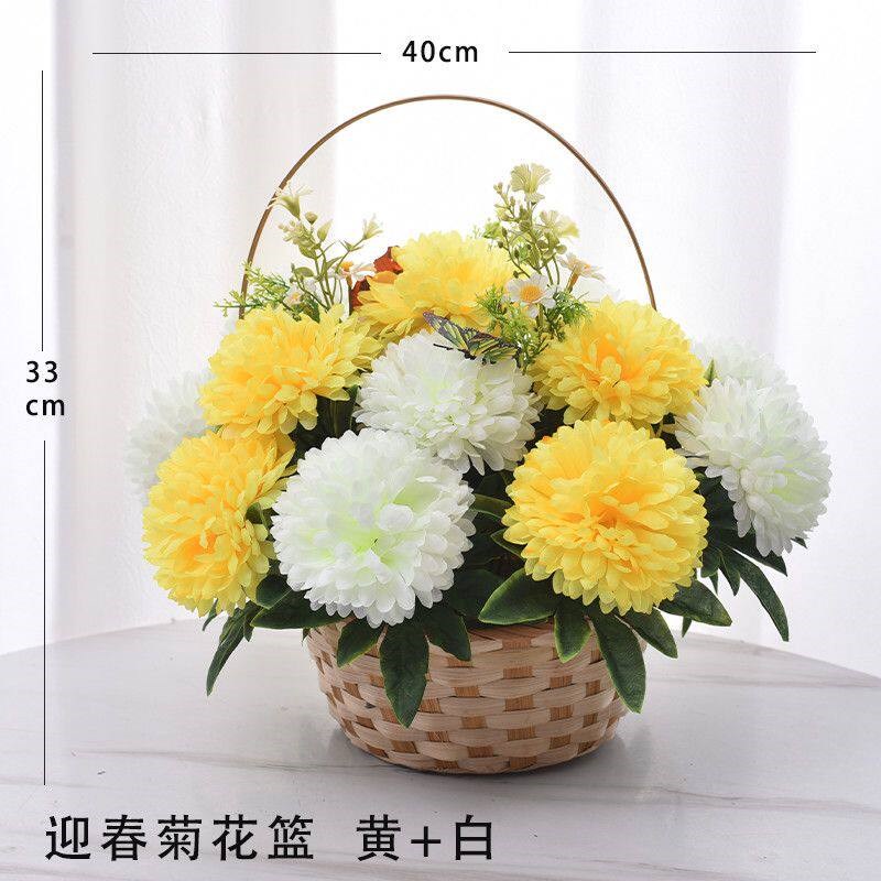 成品清明花祭祀手提花篮塑料仿真花摆墓地陵园上坟百合菊花扫墓花