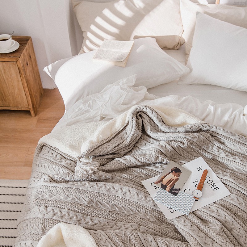 秋冬毛毯被子加绒毛线编织针织流苏毯加厚双层沙发午睡羊羔绒盖毯
