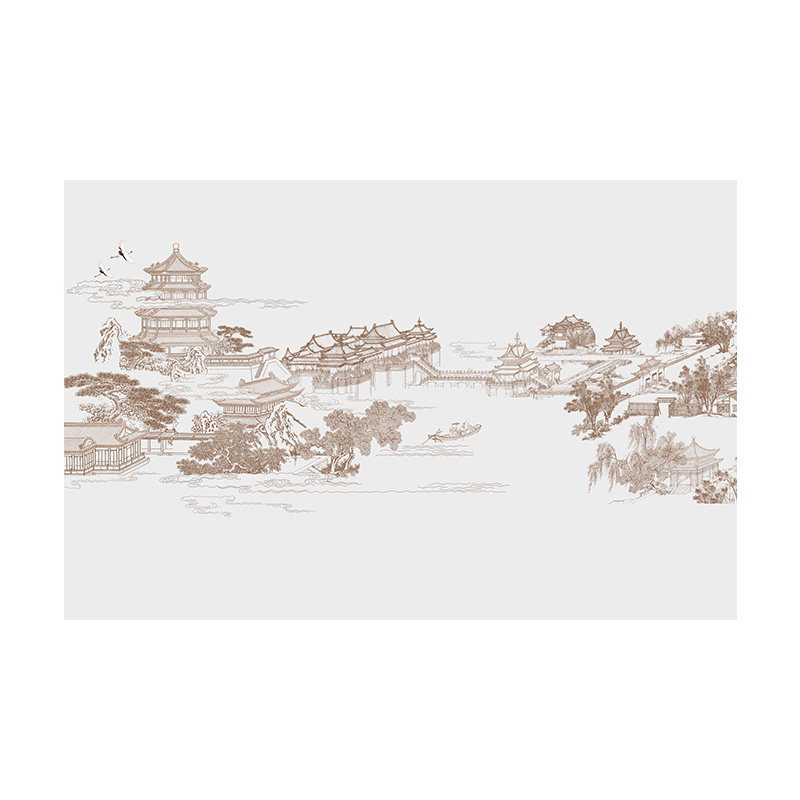 新中式意境轻奢阁楼游湖胜景壁纸客厅背景墙壁布卧室餐厅包间壁画