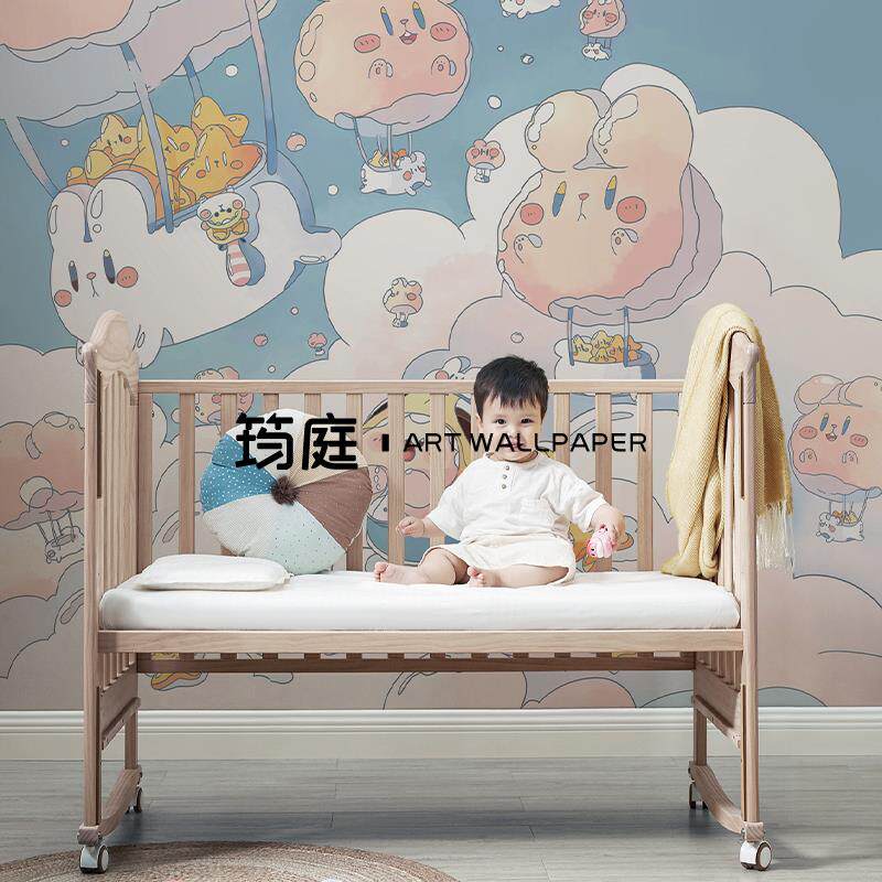 手绘儿童房卡通墙纸男孩女孩壁布卧室客厅壁纸背景墙定制壁画墙布