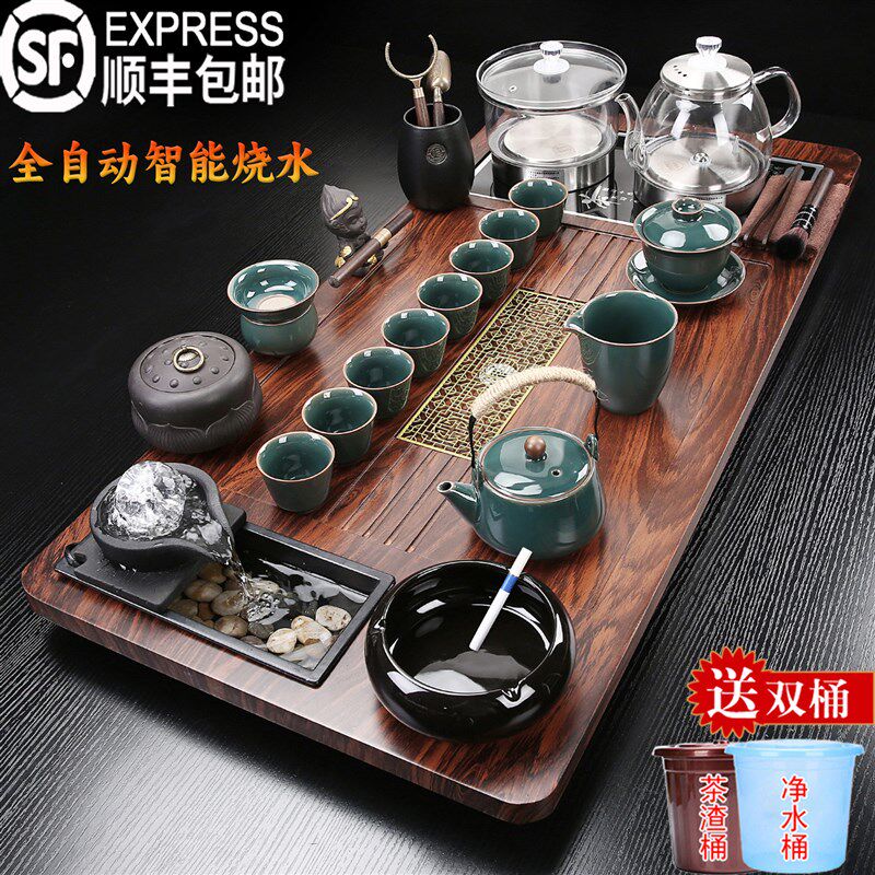 紫砂汝窑功夫茶具套装家用全自动一体泡茶台大号流水生财茶盘茶海