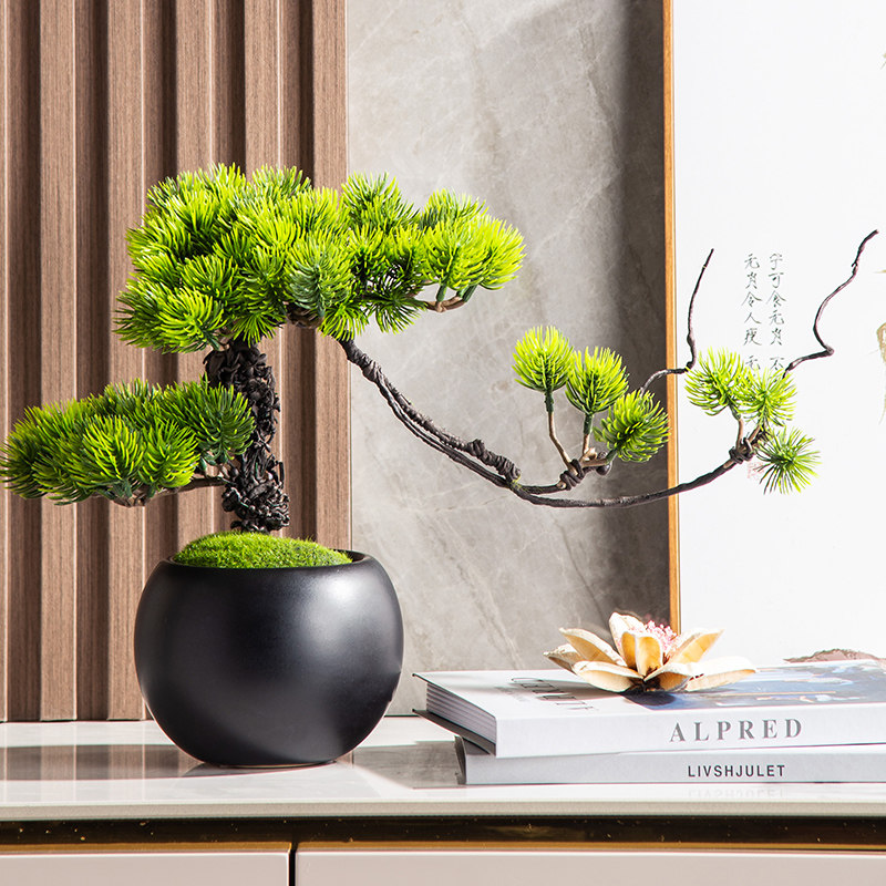 仿真迎客松摆件崖柏盆栽小植物客厅家居装饰品新中式假花松树盆景