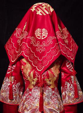 中式婚礼盖头秀禾服结婚红盖头抖音红纱盖头新娘头纱红色秀禾盖头