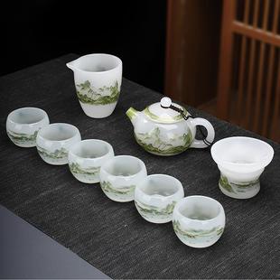 家用盖碗轻奢高档办公室白玉功夫茶杯礼盒装 千里江山琉璃茶具套装
