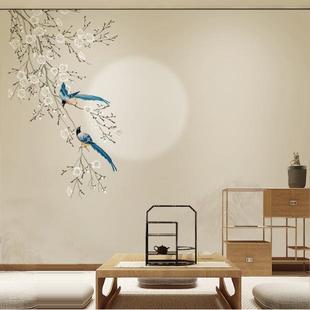 花鸟圆月意境轻奢沙发背景墙纸壁布卧室书房喜鹊定制壁画 现代中式