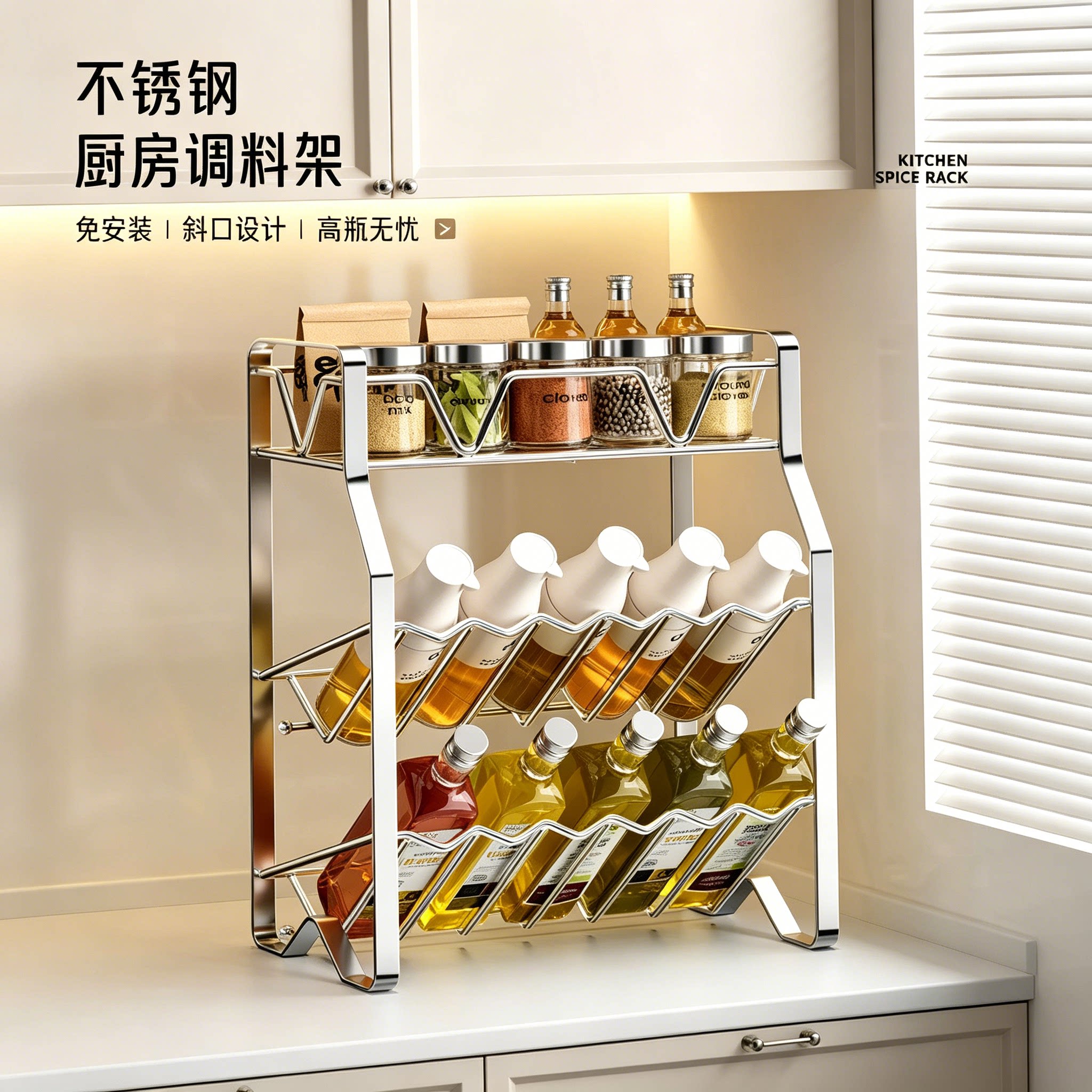 不锈钢斜口多层调料置物架2026调味品酱油瓶厨房台面收纳架子神器