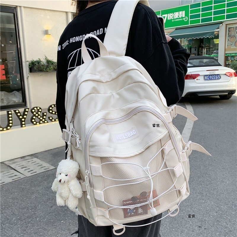 个性潮流交叉绳书包女大学生韩版百搭背包in日系学院风双肩包女