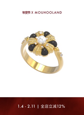 Mouhooland/暮后之地杏花系列黑玛瑙杏花编织戒指小众设计金色