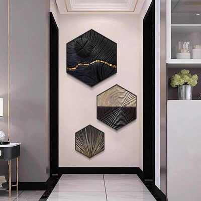 现代抽象轻奢挂画玄关装饰画竖版走廊过道壁画客厅餐厅六边形组合