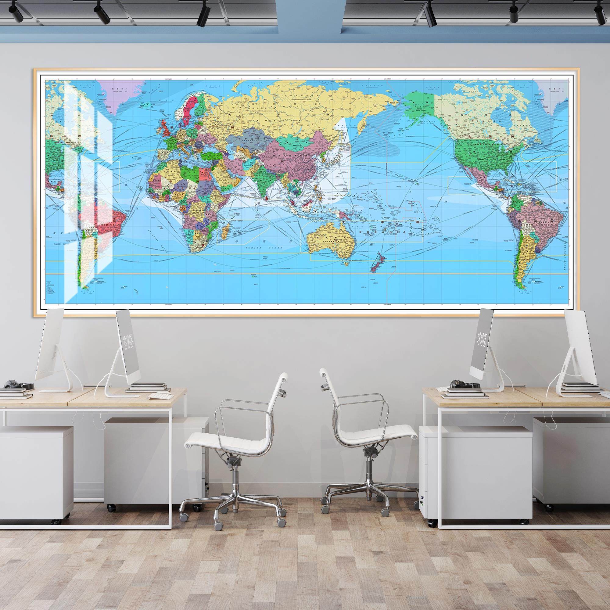 中英文世界地图办公室墙面装饰画航海线航空港口铁路详细客厅挂画