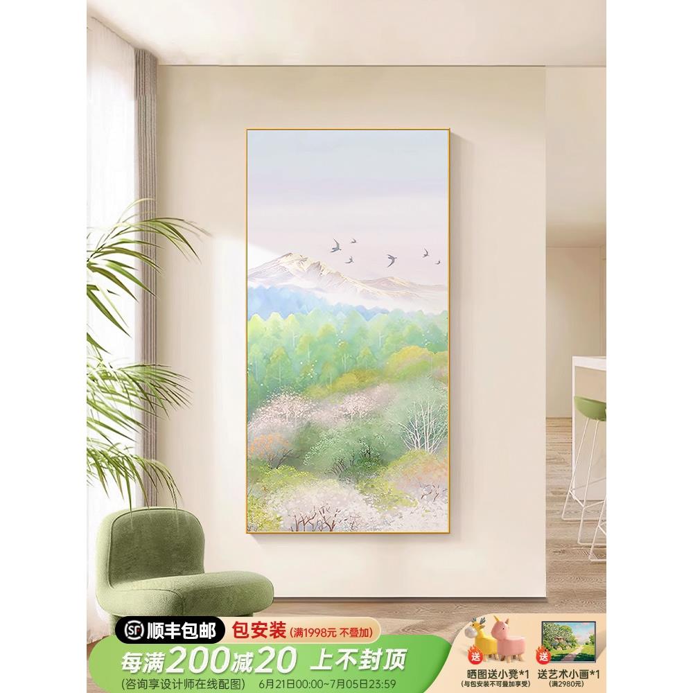 日式奶油玄关装饰画治愈走廊过道纯微喷晶瓷春天樱花风景竖版挂画图片