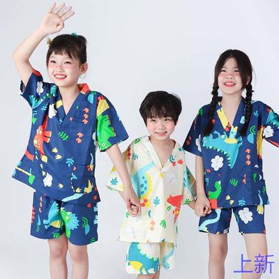 和风 儿童家居服夏季睡衣1纯00%棉浴服卡通印花汗蒸服男女小新款