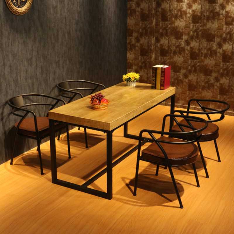 家用实木客厅四六人餐桌 美式铁艺餐厅酒店饭店餐桌椅五件套