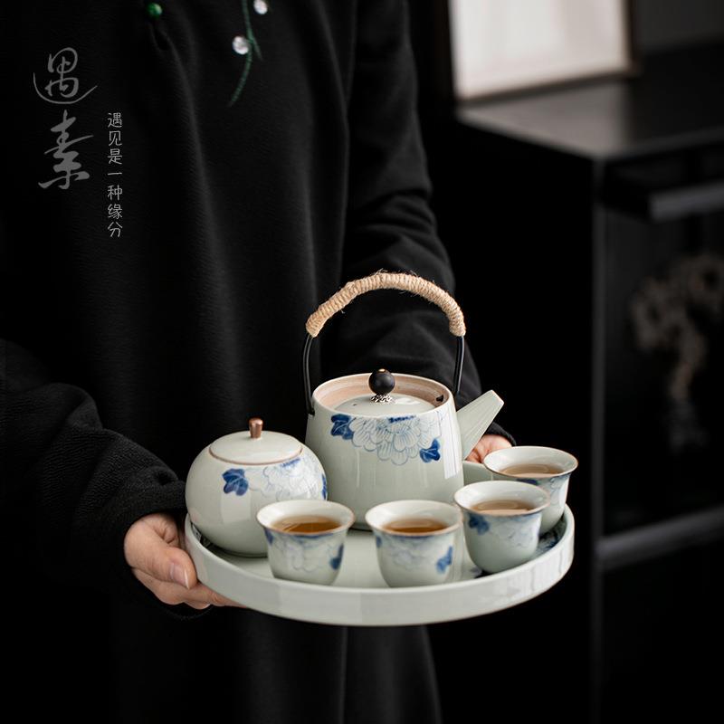 复古手绘牡丹茶具套装家用陶瓷一壶四杯茶盘整套现代简约泡茶器