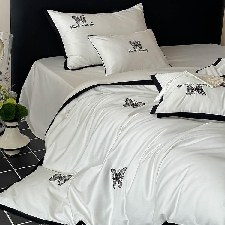 A类100S贡缎全棉四件套女士丝滑长绒棉蝴蝶刺绣纯棉被套床单床笠