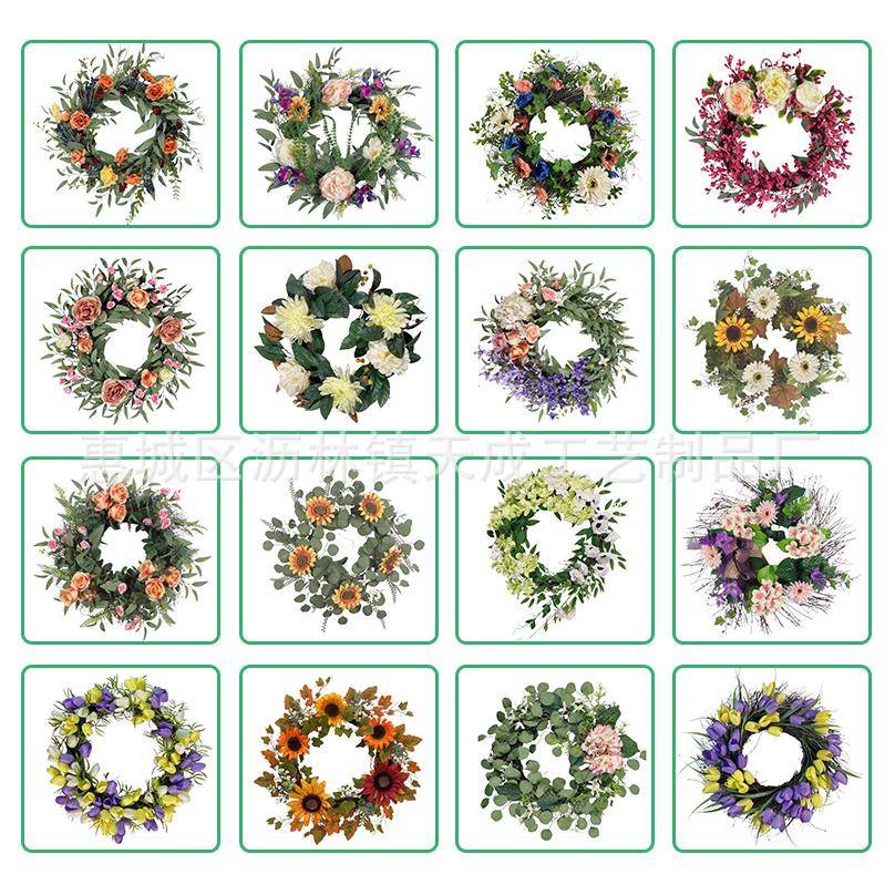 美式春季庭院仿真花环藤圈装饰玫瑰花郁金香花环门楣花圈挂件