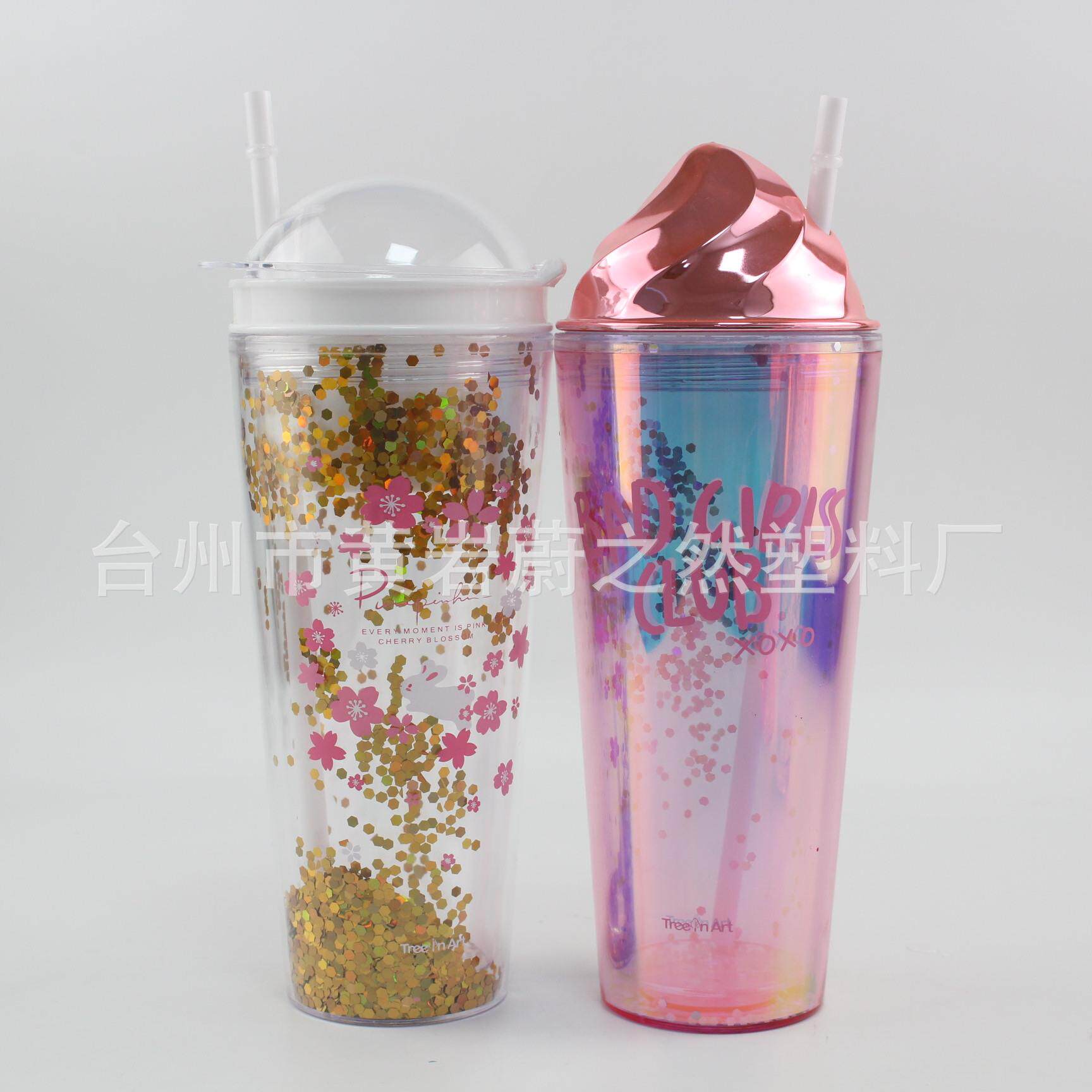 新款600ML夏日冰杯吸管杯塑料水杯凝胶碎冰学生双层制冷带吸管