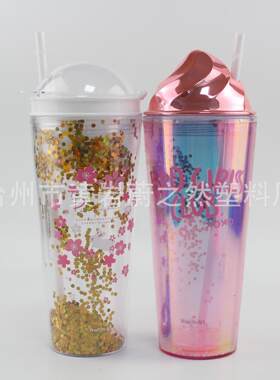 新款600ML夏日冰杯吸管杯塑料水杯凝胶碎冰学生双层制冷带吸管