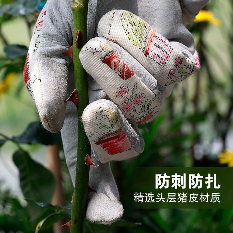 园艺防护长袖手套女生分指耐磨防扎刺月季花修剪手套防磨帆布猪皮