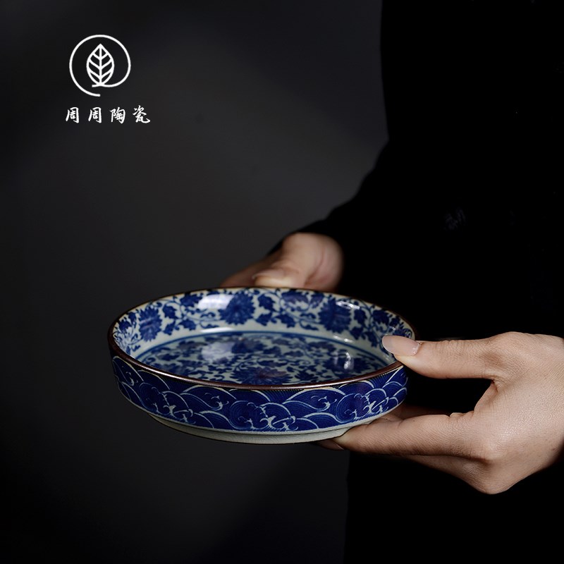 景德镇陶泥青花缠枝莲壶承干泡台陶瓷单层茶承壶托果盘养壶垫茶托