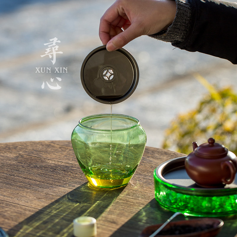 彩色玻璃小建水茶渣缸家用茶洗带盖子过滤茶渣桶水孟水洗茶具零配