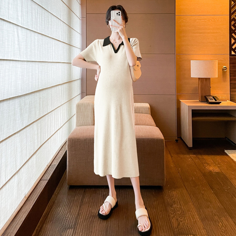 孕妇连衣裙夏短袖薄款POLO领冰丝针织长款时尚辣妈2023新款长裙女