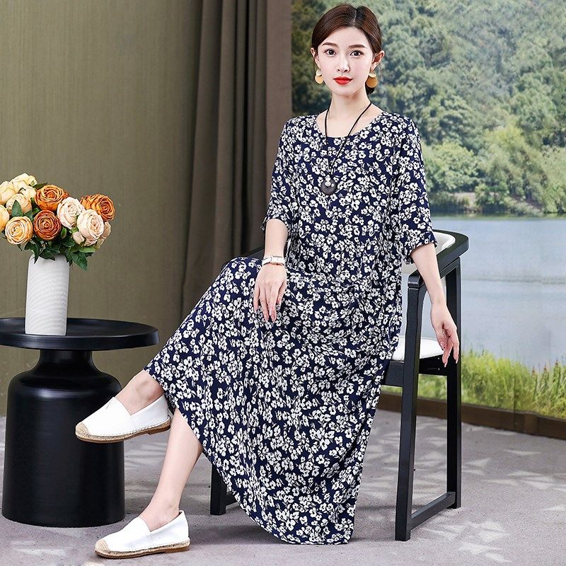 棉绸睡裙女士夏季中年妈妈宽松过膝中袖连衣裙睡衣时尚婆婆可外穿