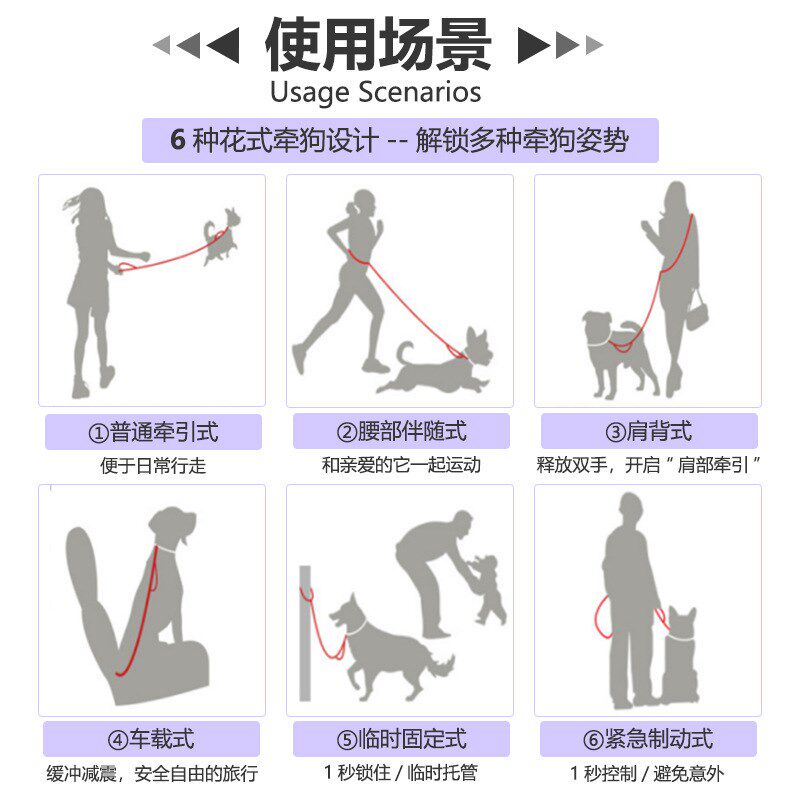 防爆冲弹力遛狗绳大中型犬金毛反光渐层狗炼多功能跑步斜挎牵引绳