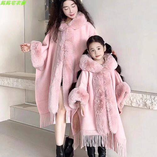 针织披肩斗篷外套女秋冬亲子装外穿百搭加绒加厚毛领连帽毛呢大衣