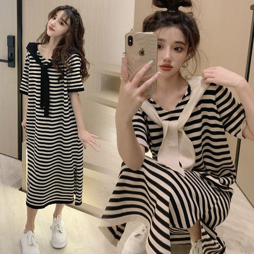 孕妈穿搭~孕妇装夏装时尚条纹冰丝中长款连衣裙夏季薄款直筒裙子