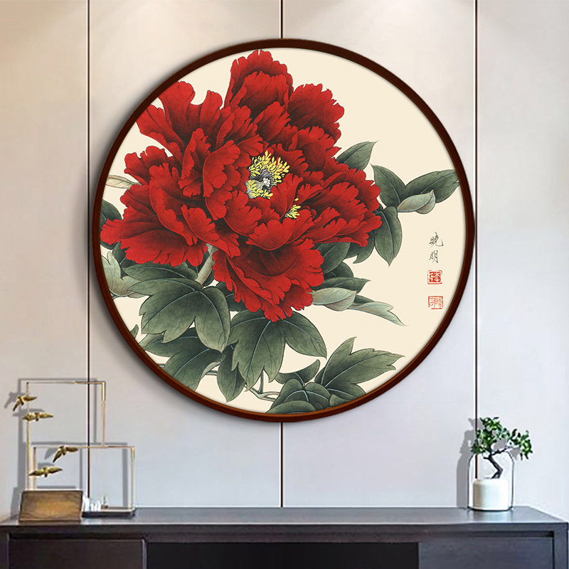 花开富贵挂画客厅新中式玄关圆形招财饭厅背景墙壁画牡丹花装饰画
