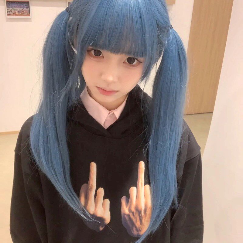 蓝灰色假发女长发新款齐刘海可爱减龄长直发网红lolita全头套式