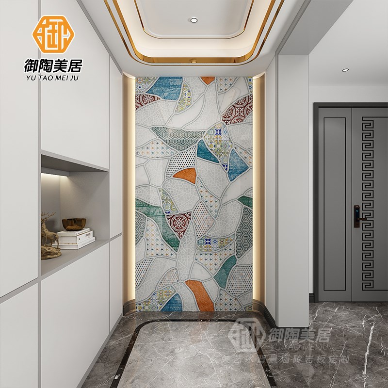 玄关瓷砖背景墙 复古岩板叶子 拼花过道走廊微晶石抽象装饰壁画