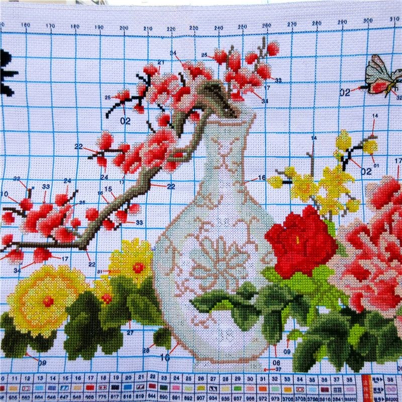 纯手工十字绣成品四季平安花瓶餐厅挂画青花瓷梅花牡丹荷花绣好的