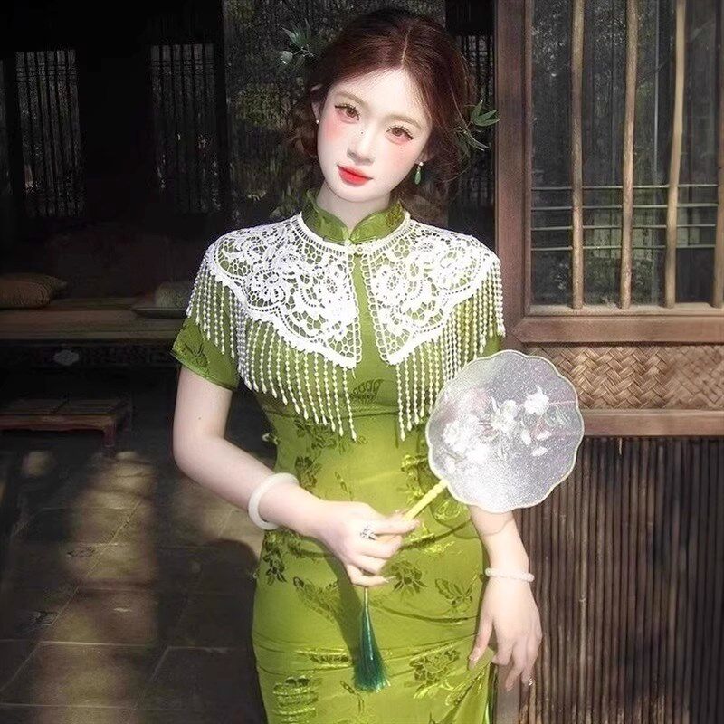 旗袍云肩新中式珍珠流苏披肩坎肩中国风汉服领子重工复古蕾丝配饰