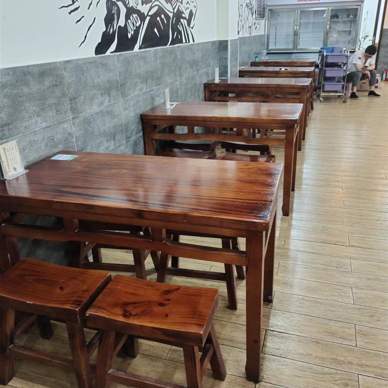 实木饭店快餐桌椅组合彷古雕花面馆小吃店烧烤火锅休闲农场碳化桌