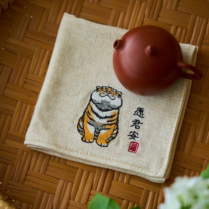 中式国风生肖龙熊猫老虎加厚吸水棉麻茶巾功夫茶道配件茶壶隔热垫