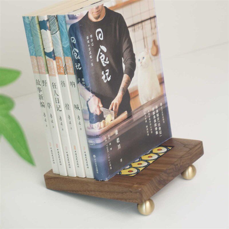 实木桌面书架儿童书本收纳置物架黑胡桃黄铜书立复古装饰书挡摆件