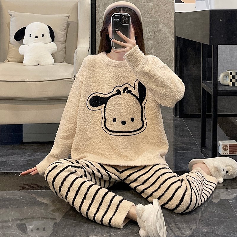 软绵绵睡衣女秋冬季加厚保暖珊瑚绒条纹甜美小狗高级感家居服套装